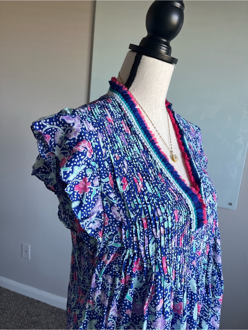 Poupette St Barth Blue Pink Print Tunic Dress Fringe V Neck Cover Up Size S - Picture 3 of 10